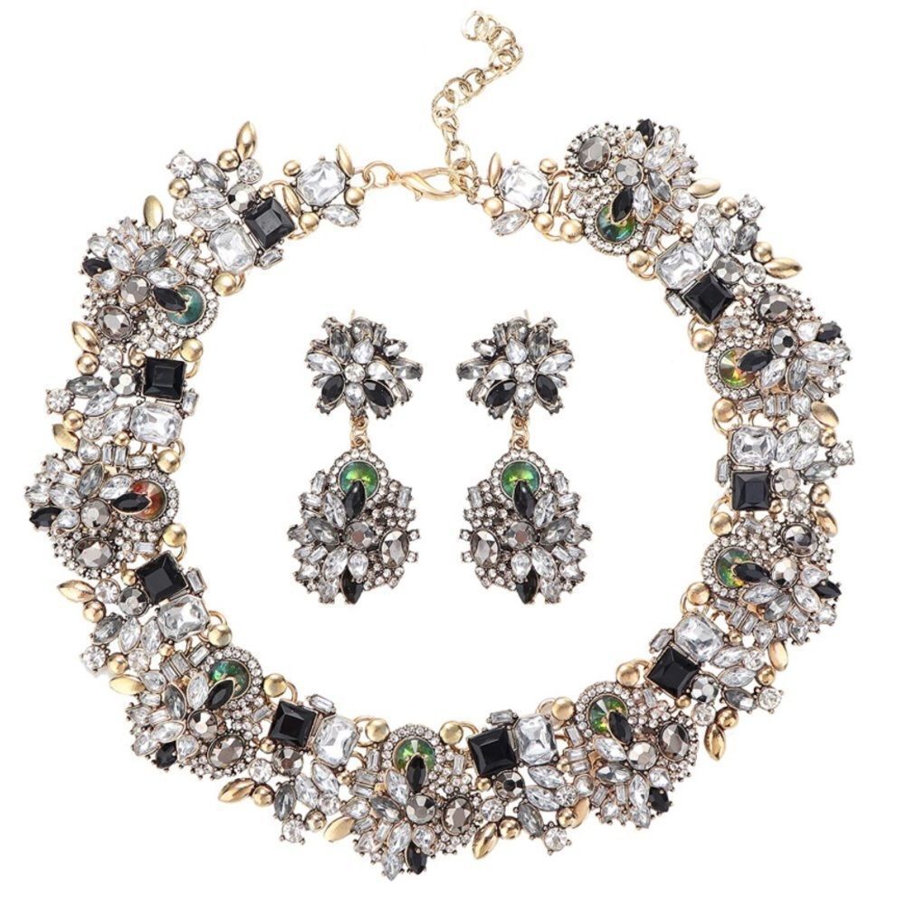 Yellow Gold with Black Onyx Austrian Crystal Chunky Necklace and Earrings Set